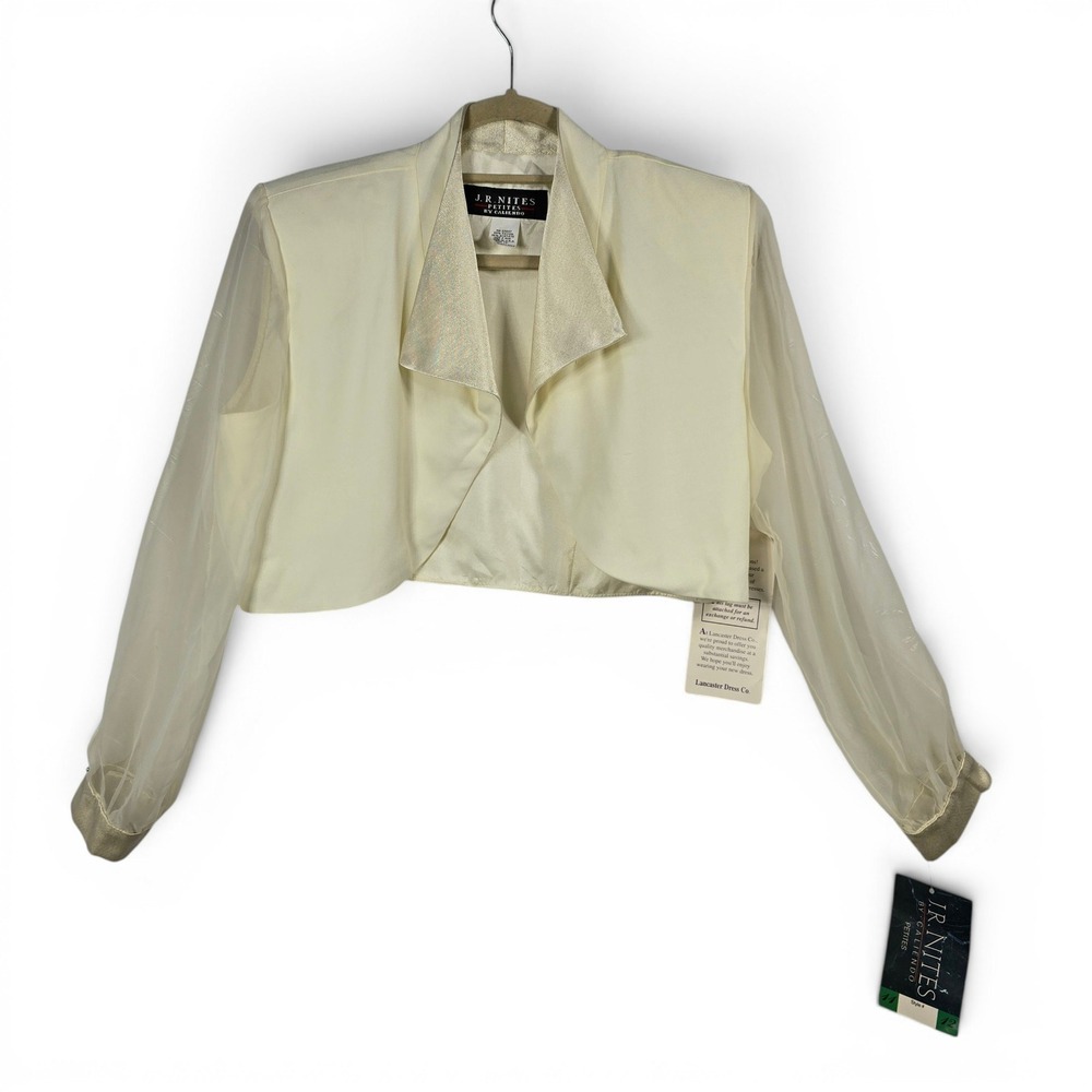 JR Nites Petites Cream‎ Sheer Sleeve Cropped Bolero Jacket Size 12 Vintage NWT